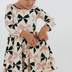 GOOD APPLES KIDS 3/4 Sleeve Twirl Dress in Vintage Pink and Black Bows