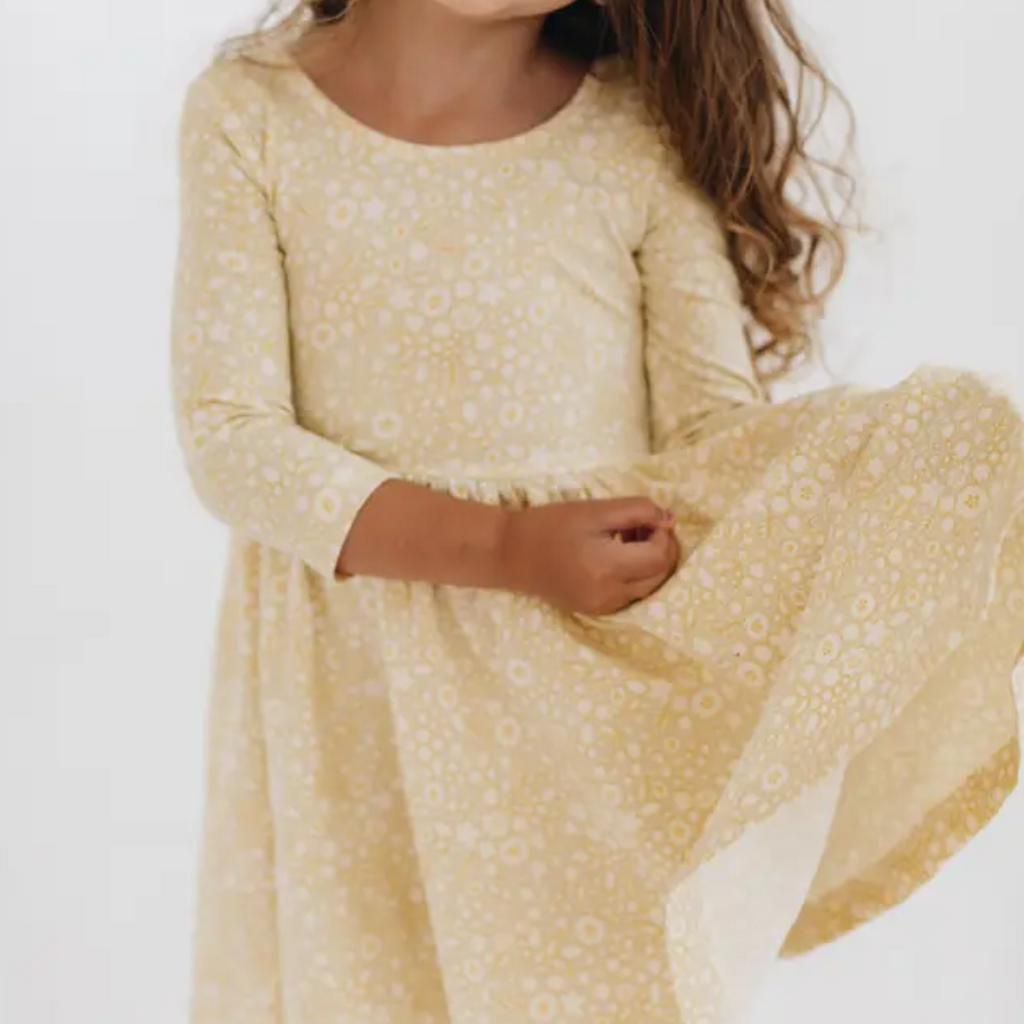 GOOD APPLES KIDS 3/4 Sleeve Twirl Dress in Buttercup