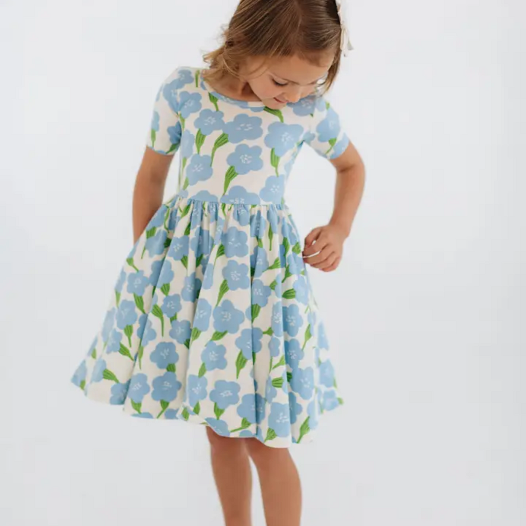 GOOD APPLES KIDS Short Sleeve Twirl Dress in Blue Garden
