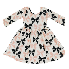 GOOD APPLES KIDS 3/4 Sleeve Twirl Dress in Vintage Pink and Black Bows