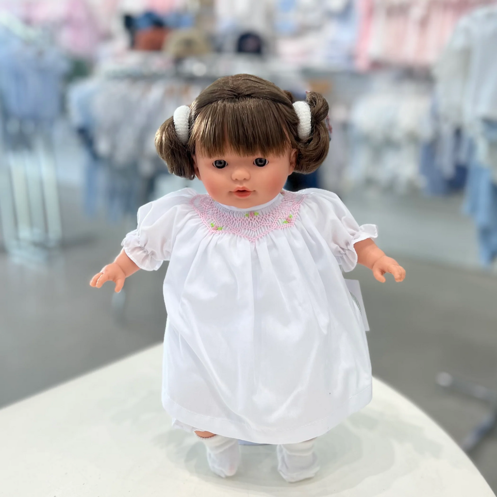 Rosalina Baby Collection Sarah 15" Doll Brown Eyes w/Brunette Pigtails-In White Bishop Dress