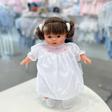 Rosalina Baby Collection Sarah 15" Doll Brown Eyes w/Brunette Pigtails-In White Bishop Dress
