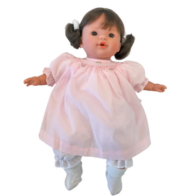 Rosalina Baby Collection Sarah 15" Doll Brown Eyes w/Brunette Pigtails-In Pink Bishop Dress