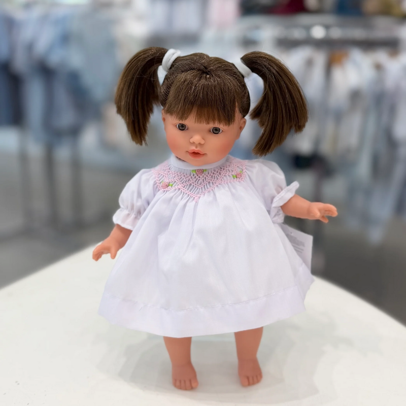 Rosalina Baby Collection Rose 10" Doll Brown Eyes w/Pigtails- White Bishop Dress