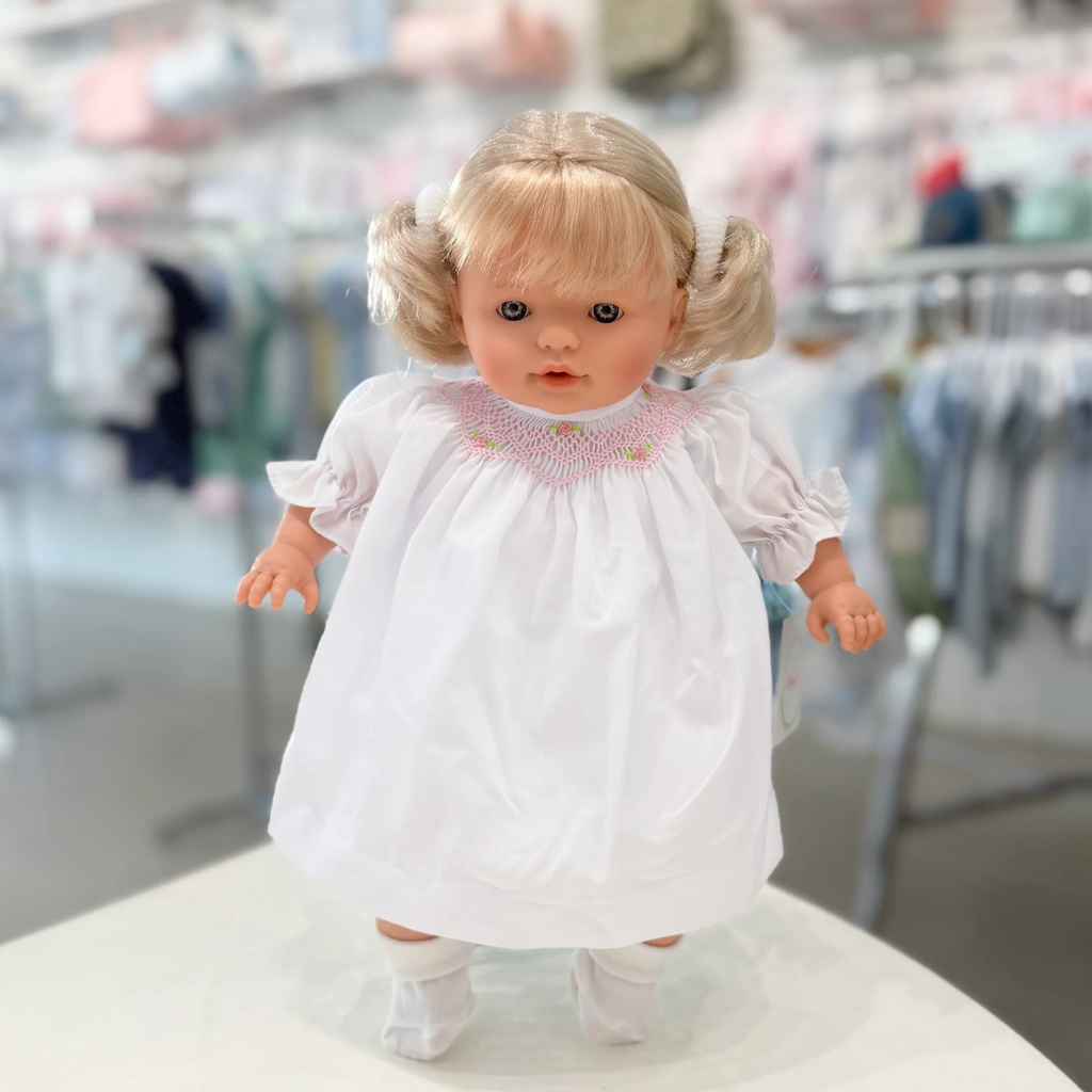 Rosalina Baby Collection Lilly 15" Doll Blue Eyes w/Blonde Pigtails-In White Bishop Dress
