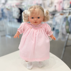 Rosalina Baby Collection Lilly 15" Doll Blue Eyes w/Blonde Pigtails-In Pink Bishop Dress