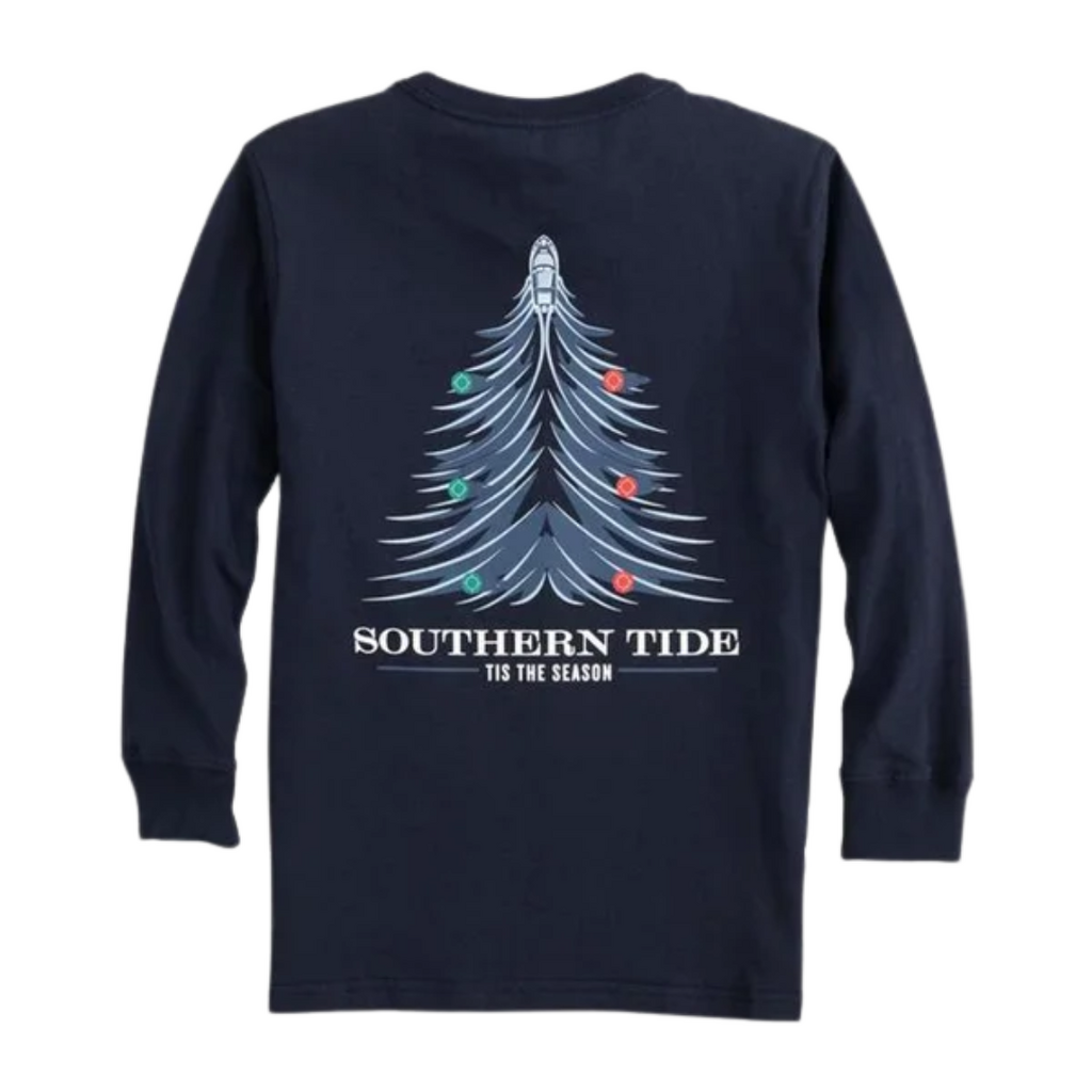 SOUTHERN TIDE Boys LS Holiday Waves Tree Tee- Dress Blue