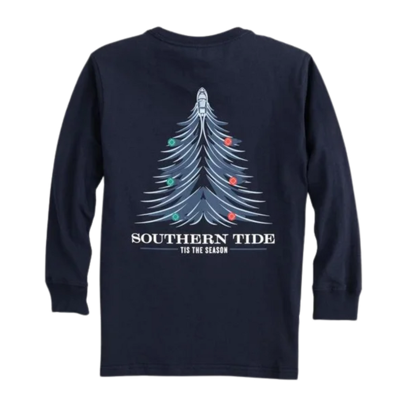SOUTHERN TIDE Boys LS Holiday Waves Tree Tee- Dress Blue