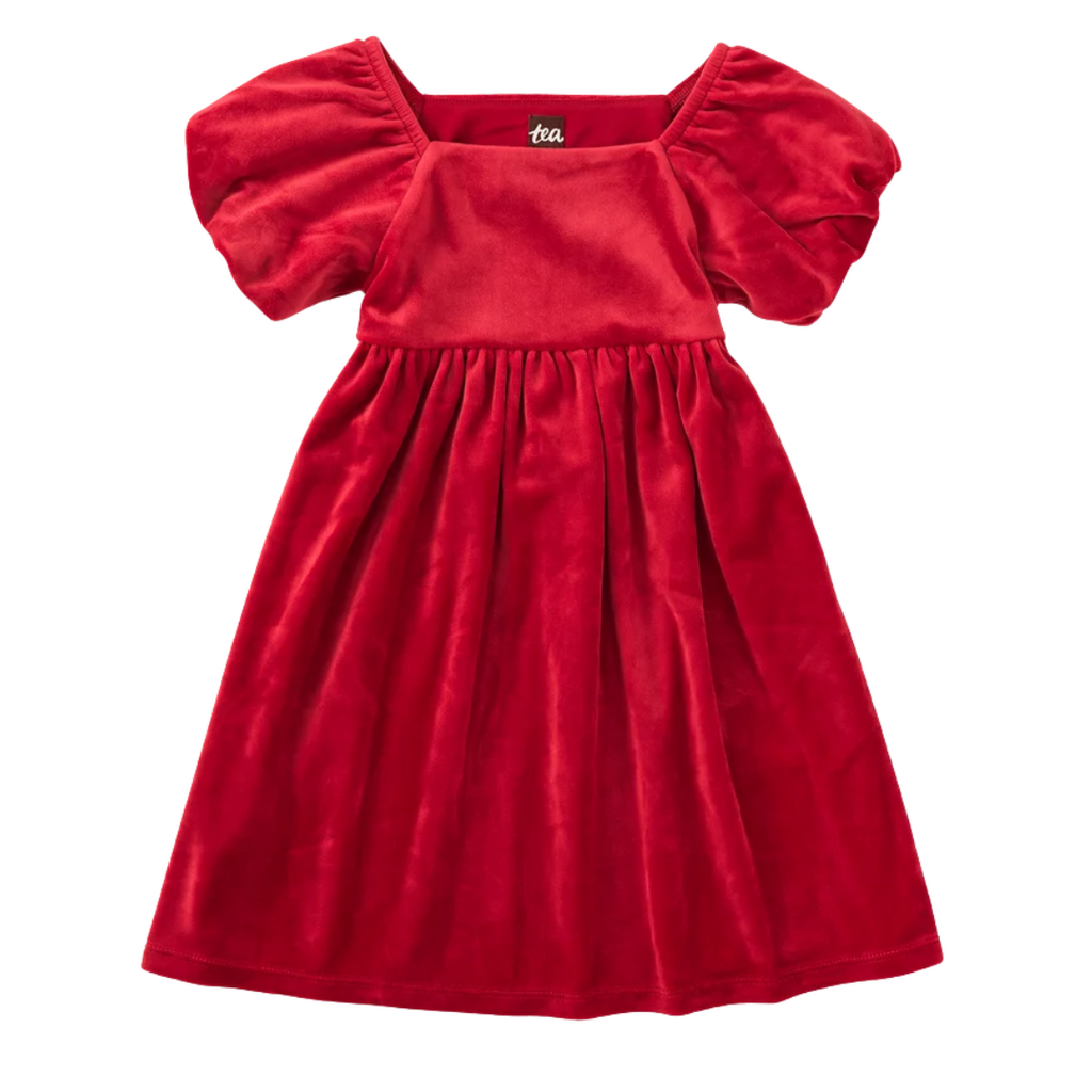 PUFF SHOULDER VELOUR DRESS - Red Wagon