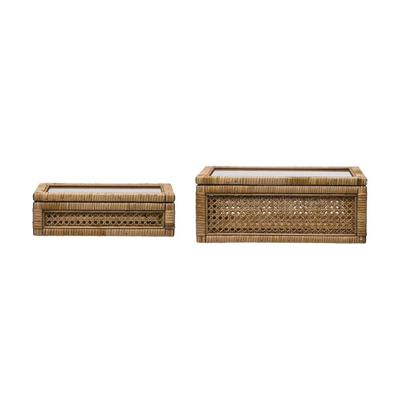 Woven Rattan & Wood Display Boxes w/ Glass