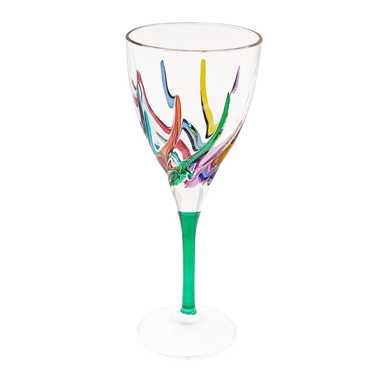 Murano Italian Crystal Wine Glass  Swirls Rainbow Turquoise 8.75