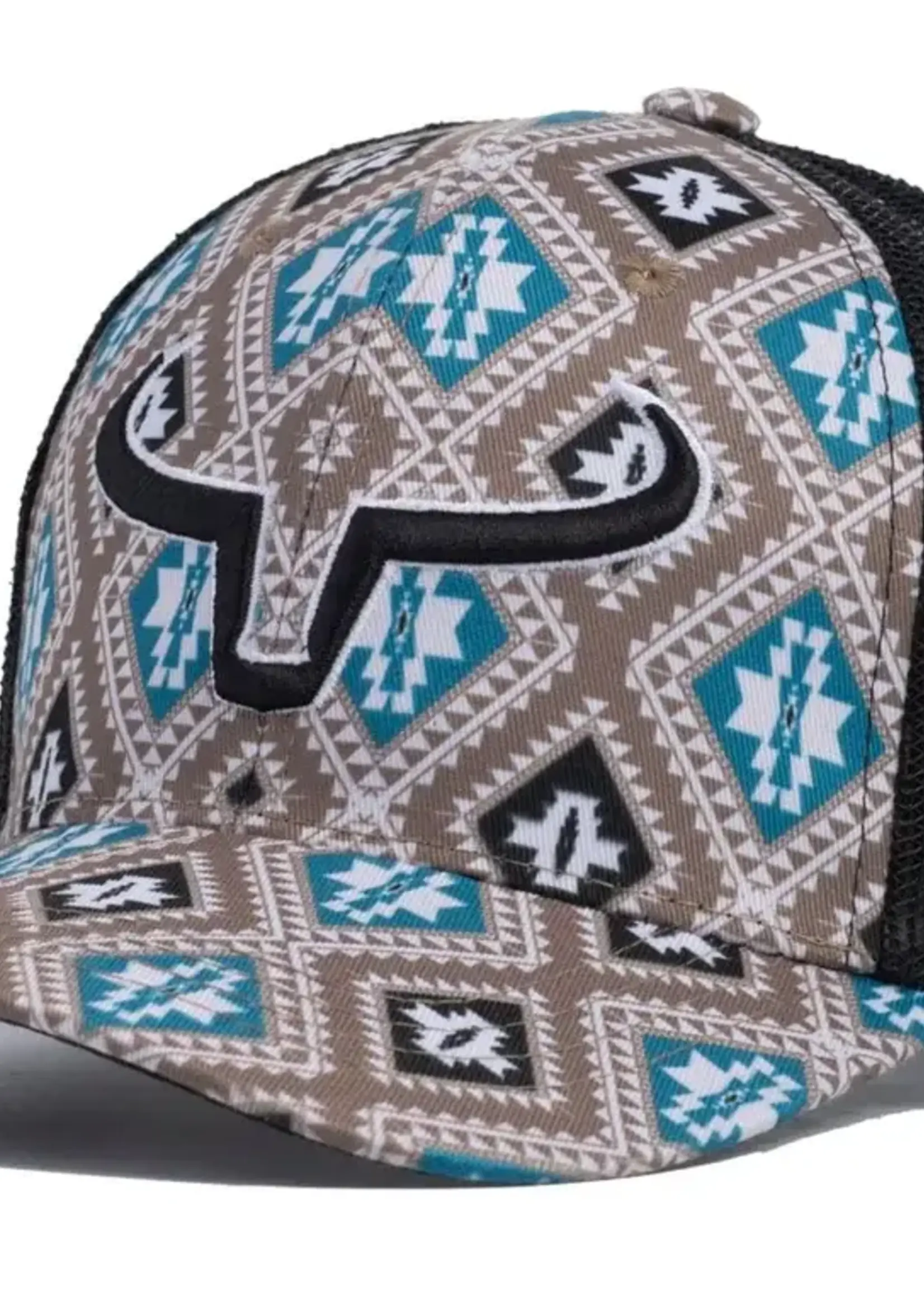 RANCH BRAND RANCH BRAND-CASQUETTE PONYTAIL AZTEC BLEU ET BEIGE AVEC CORNES NOIRES