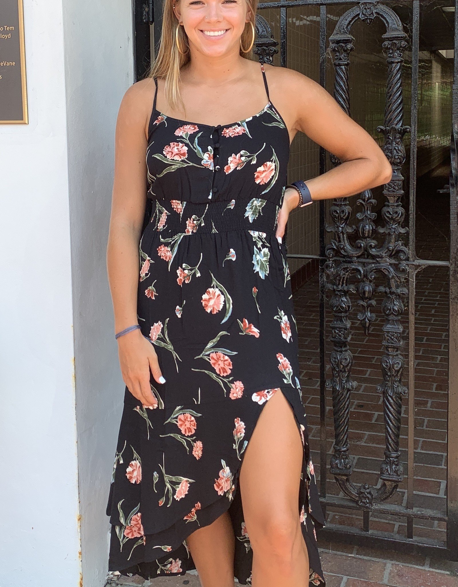 black ruffle midi dress