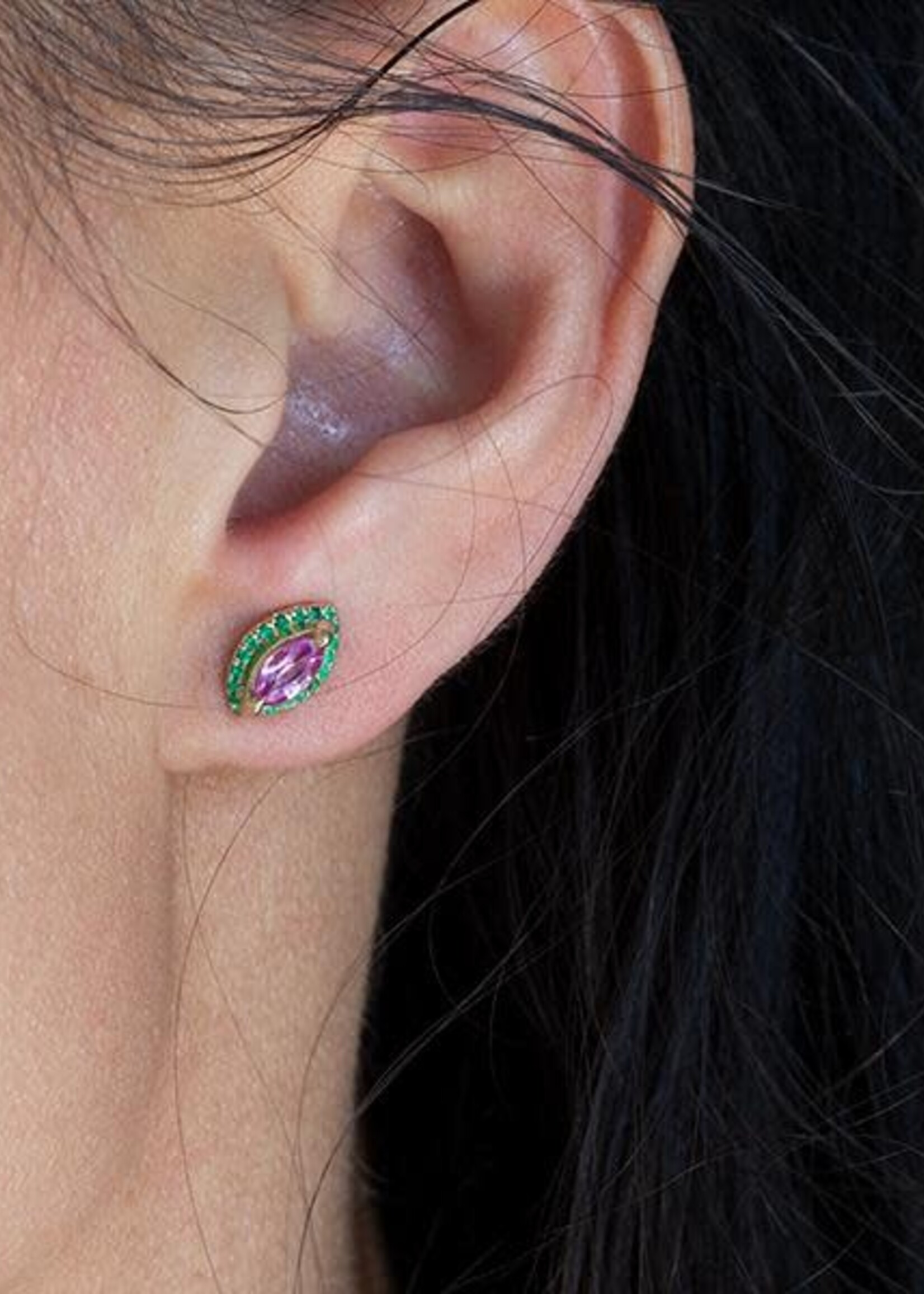 Katie Finn Gold Pink Sapphire and Emerald Stud Earrings