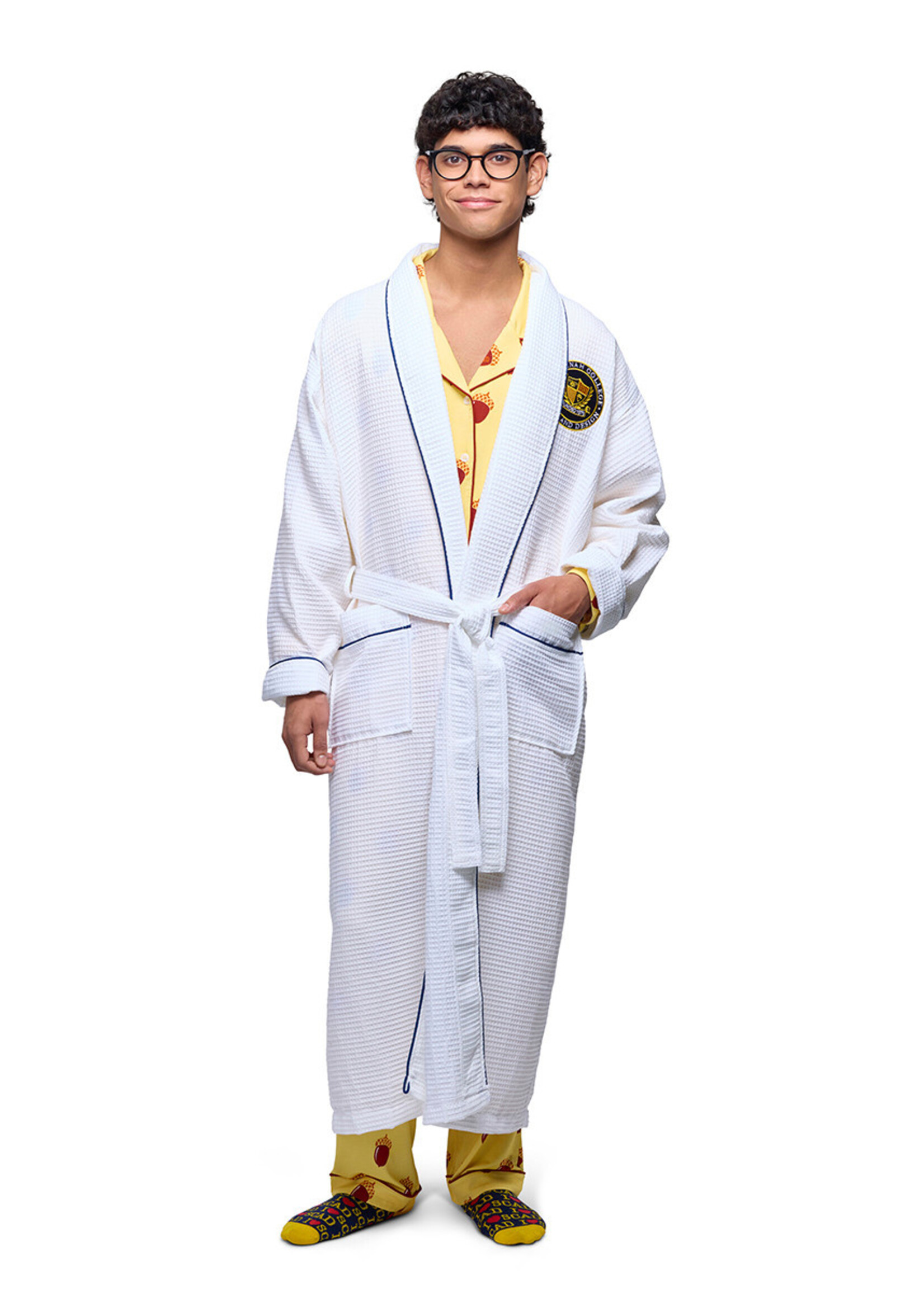 SCAD SCAD Crest Shawl Collar Waffle Robe with Piping, White/Navy