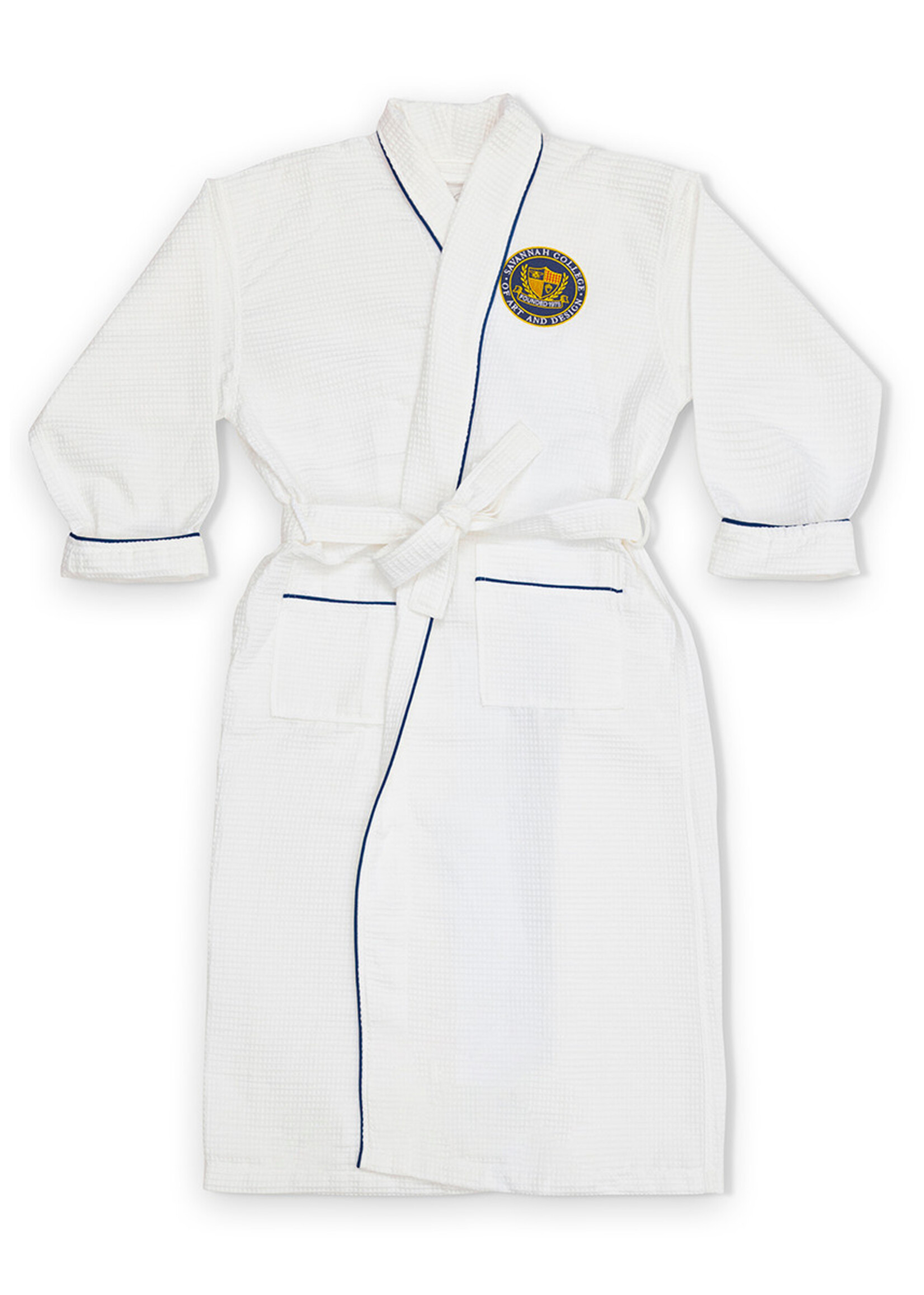 SCAD SCAD Crest Shawl Collar Waffle Robe with Piping, White/Navy