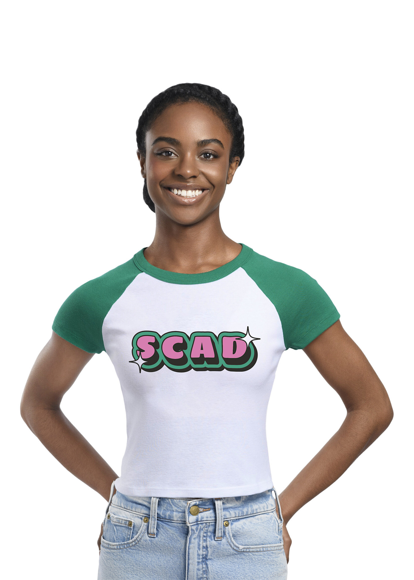 SCAD Candy Bubble, Adult Raglan Crop T-shirt, Kelly Green/White