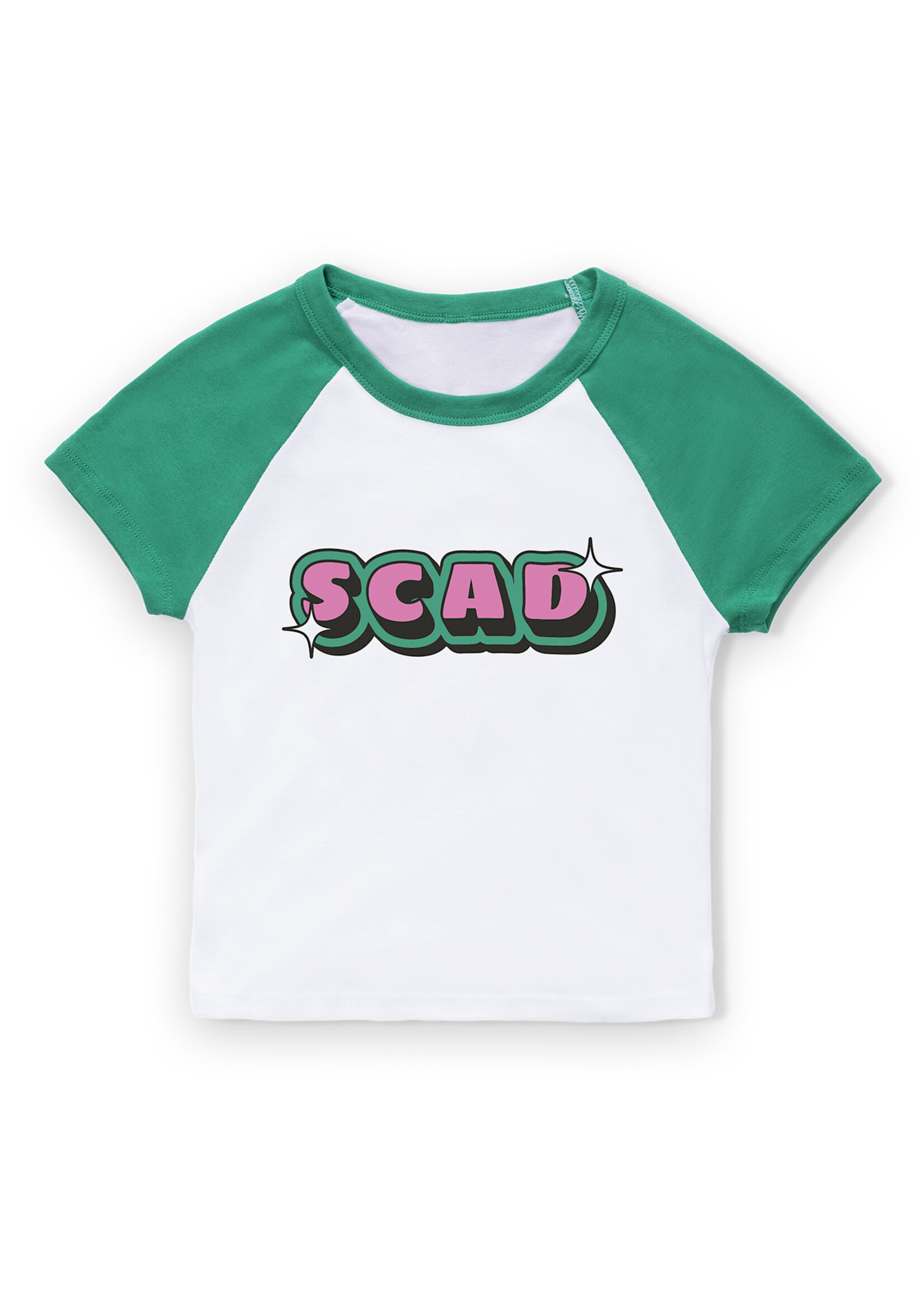 SCAD Candy Bubble, Adult Raglan Crop T-shirt, Kelly Green/White