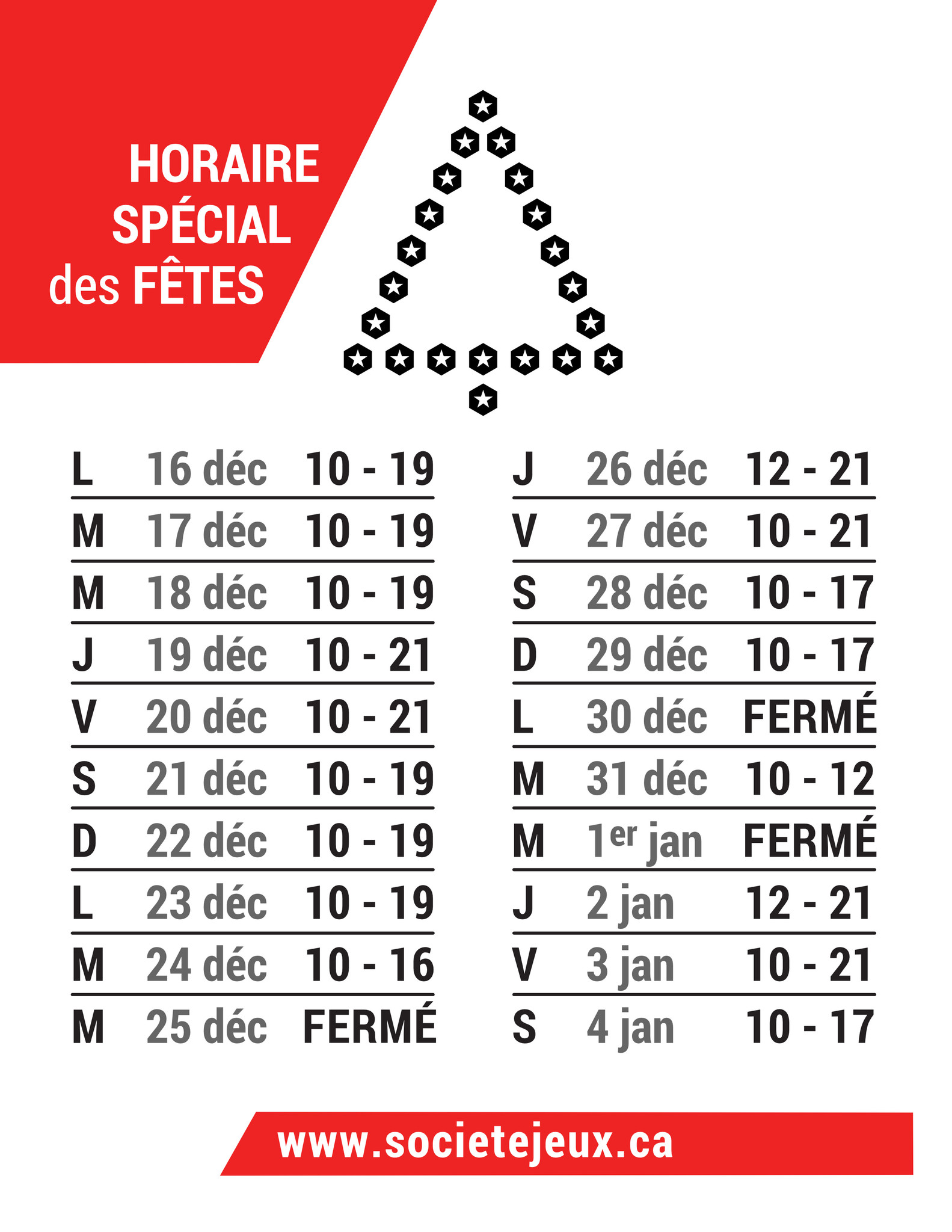 Horaire spécial des fêtes