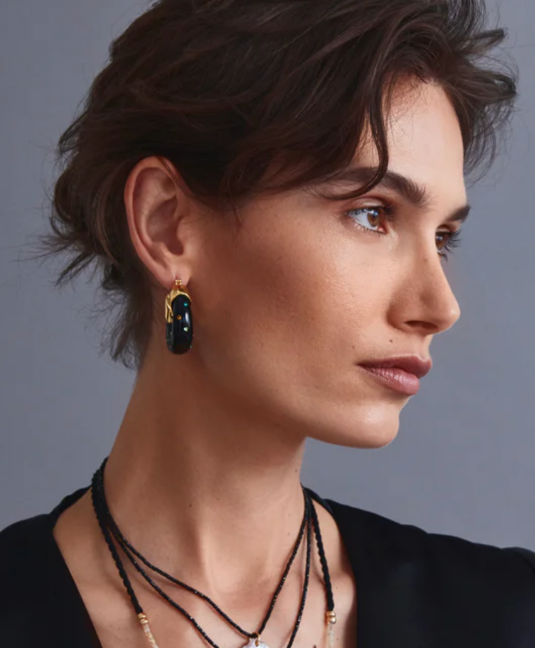 LIZZIE FORTUNATO ORGANIC HOOPS IN STUDDED ONYX