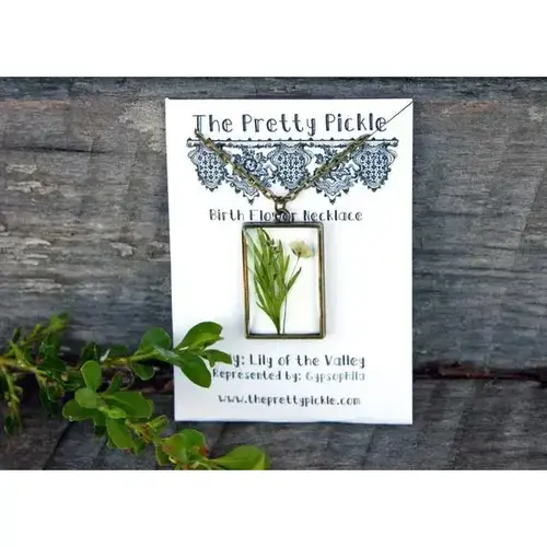 The Pretty Pickle Pressed Lily of the Valley May Birthday Necklace