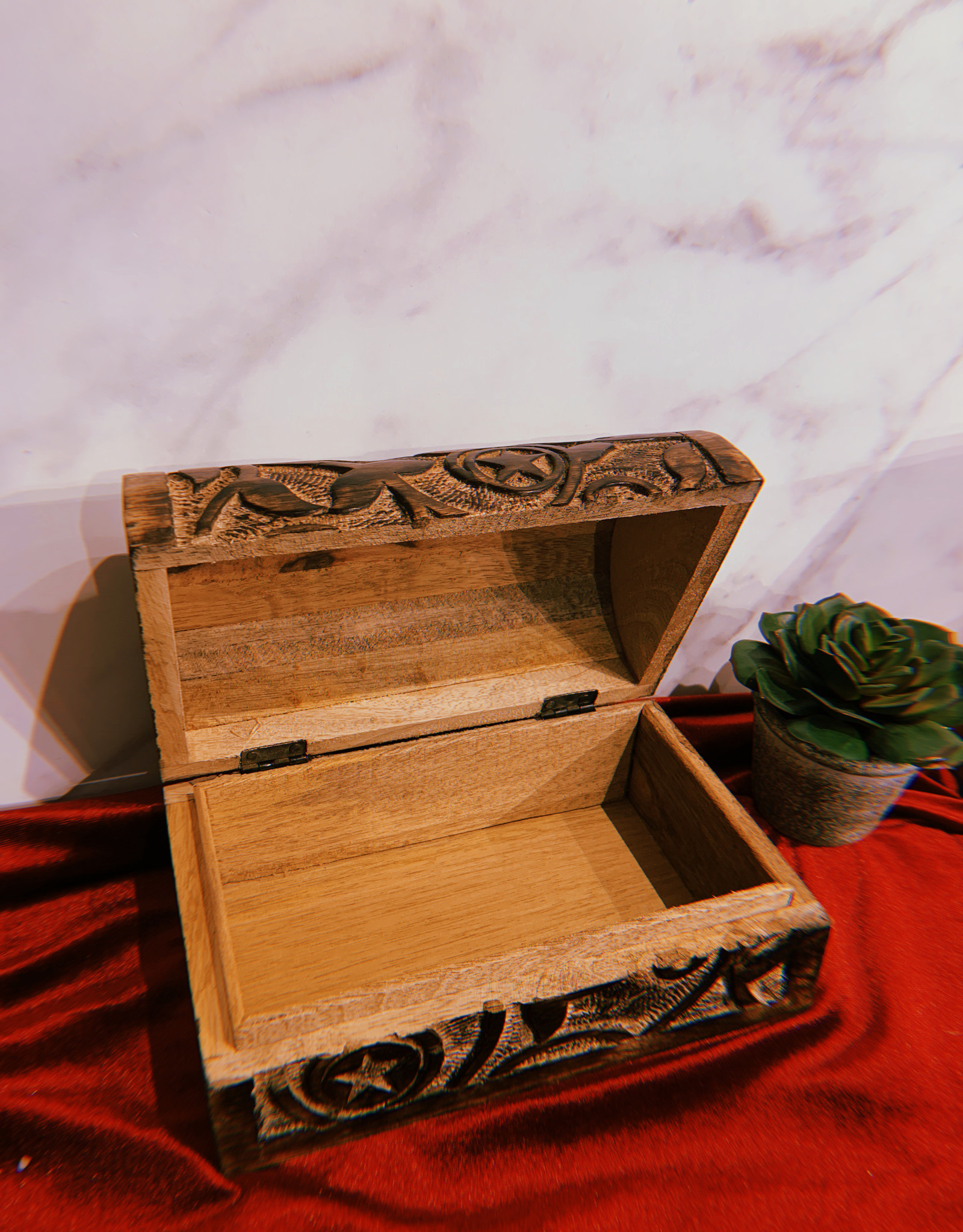 Wood Box - Raven & Pentagram Carved Round Top 8"L x 5" W x 4.5"H