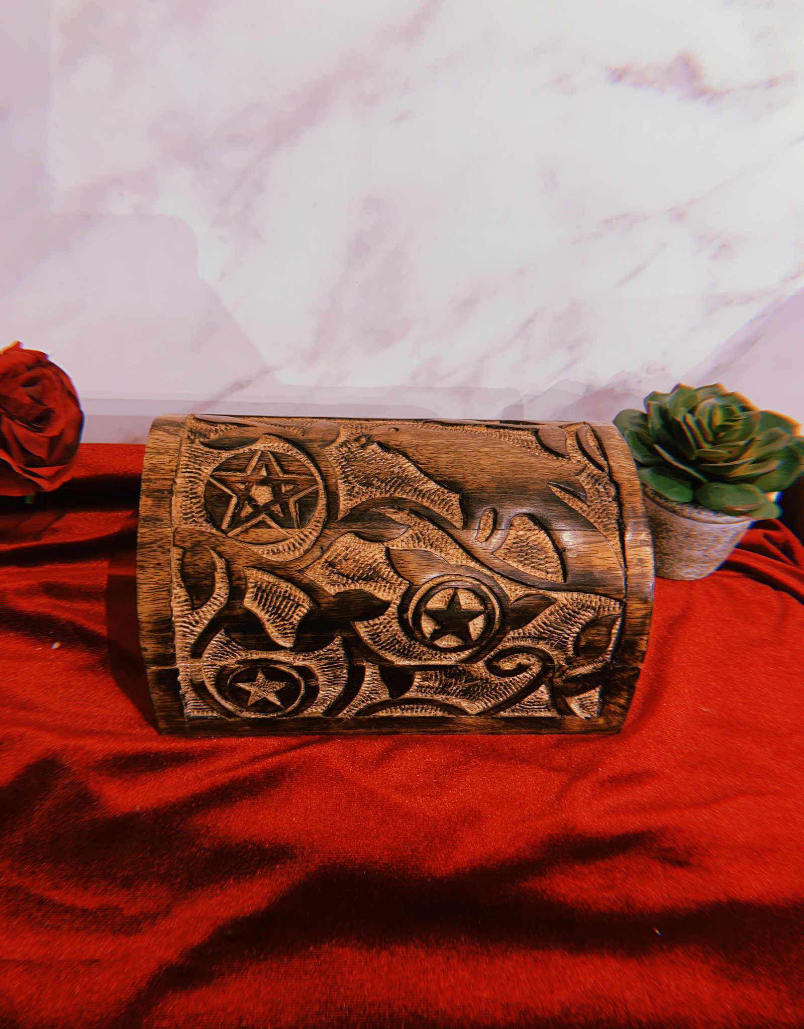 Wood Box - Raven & Pentagram Carved Round Top 8"L x 5" W x 4.5"H