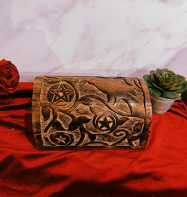 Wood Box - Raven & Pentagram Carved Round Top 8"L x 5" W x 4.5"H