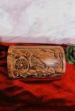 Wood Box - Raven & Pentagram Carved Round Top 8"L x 5" W x 4.5"H