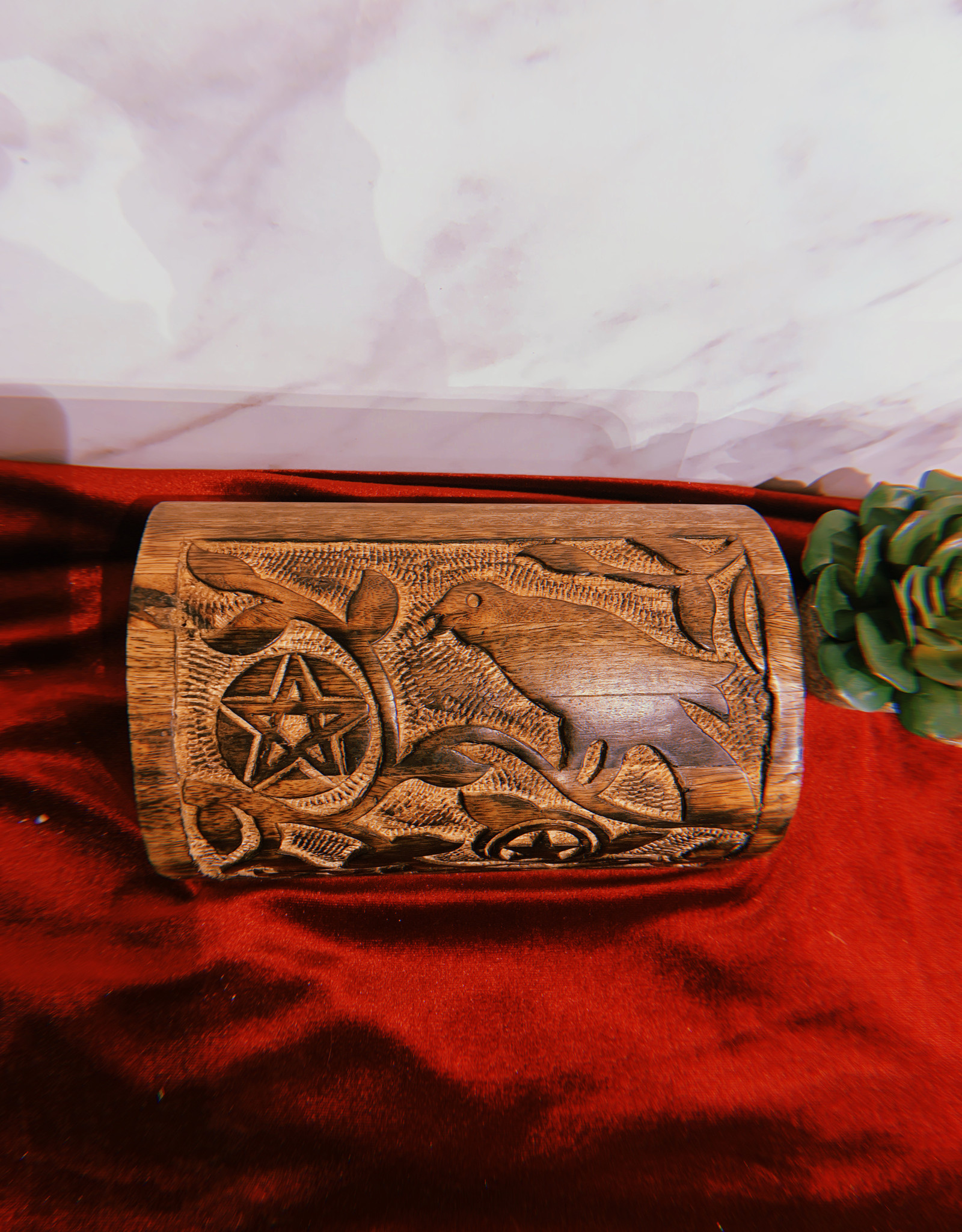 Wood Box - Raven & Pentagram Carved Round Top 8"L x 5" W x 4.5"H