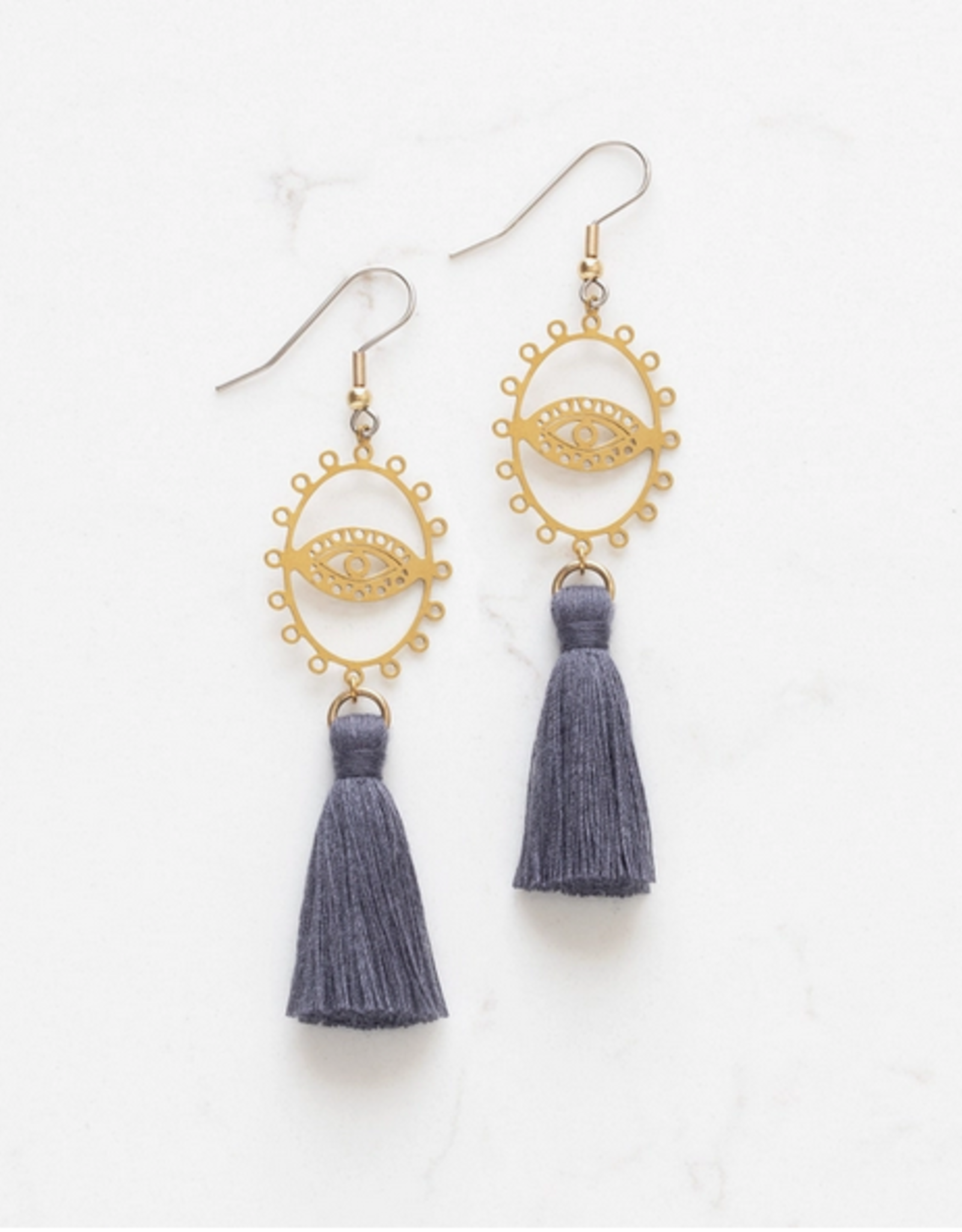 *Brass Eye Tassel Earrings - Lilac
