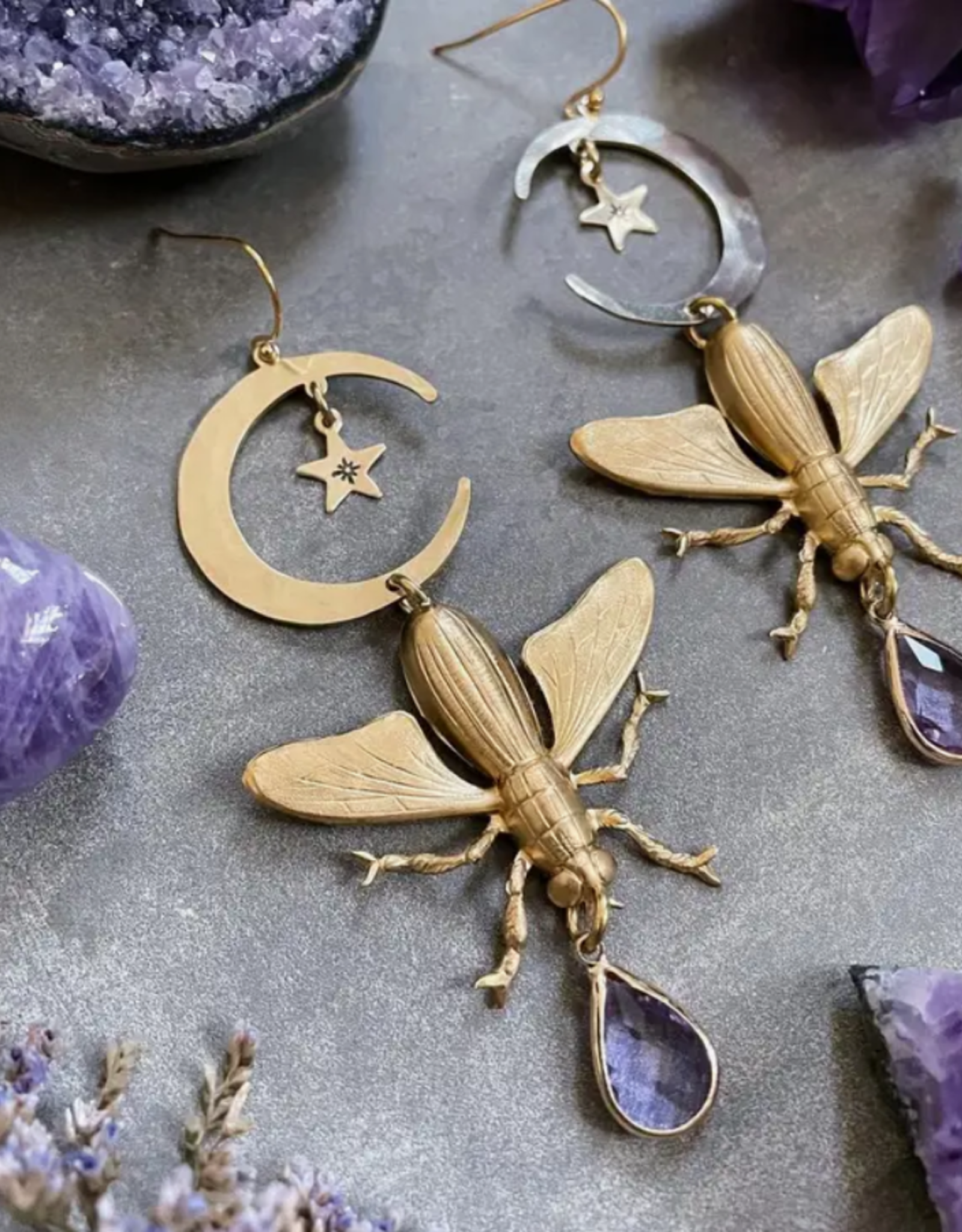 GeoMetricGem *Magical Moth Earrings - Brass & Lavender Purple Crystal