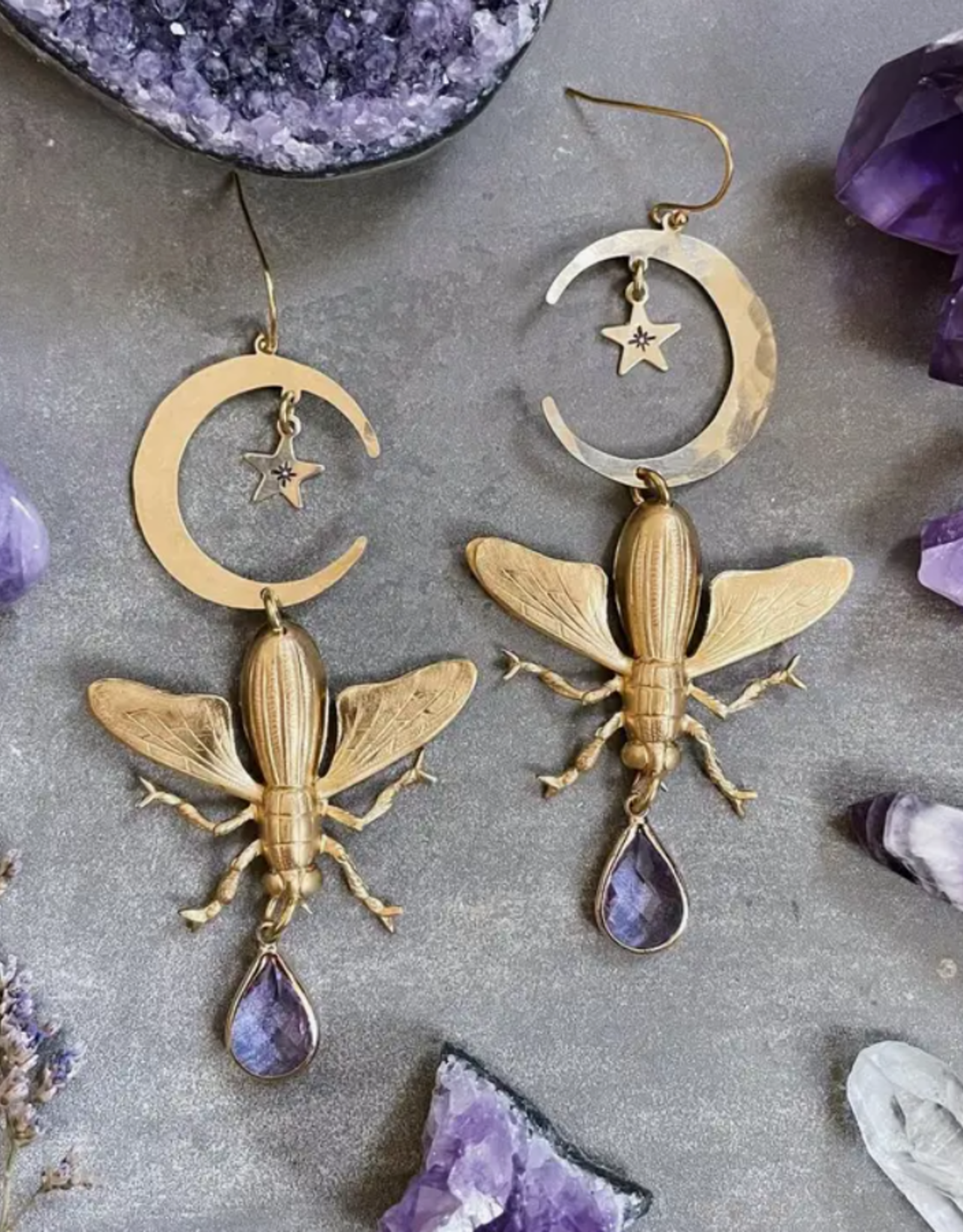 GeoMetricGem *Magical Moth Earrings - Brass & Lavender Purple Crystal
