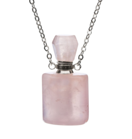 Rose Quartz Crystal Aromatherapy Love Tear Drop Pendant Bottle Necklace - Silver