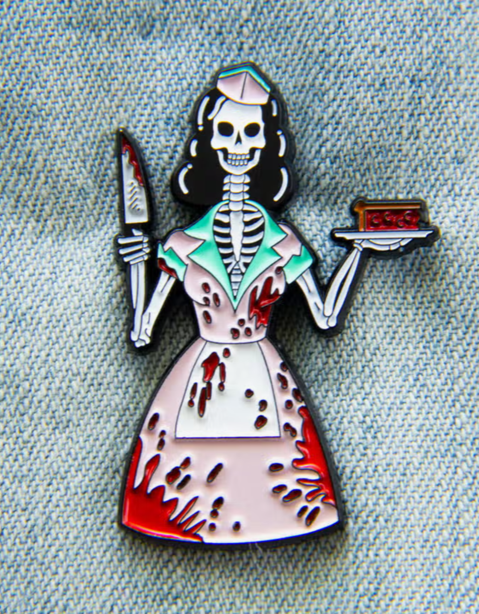 50's Bloody Skeleton Waitress Halloween Horror Enamel Pin