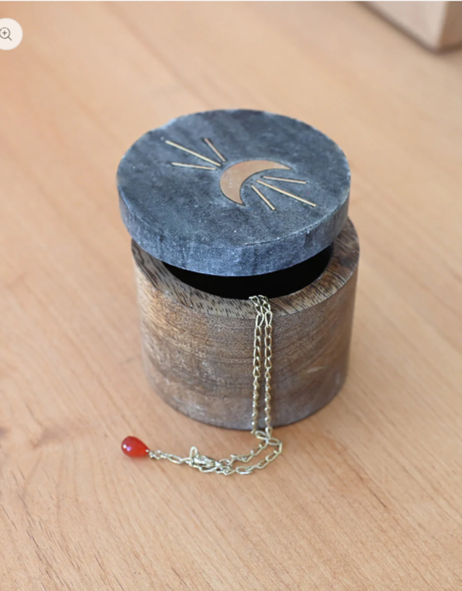 *Indukala Moon Phase Round Keepsake Box - Black Marble, Wood, Brass