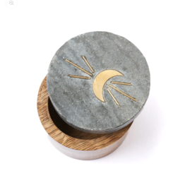 *Indukala Moon Phase Round Keepsake Box - Black Marble, Wood, Brass