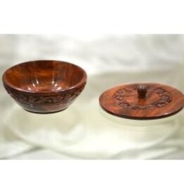 Soothing Bowl - Mini: Floral Carved Wooden Bowl w/Lid 5"D 2"H