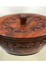 New Age Imports, Inc. Soothing Bowl - Mini: Floral Carved Wooden Bowl w/Lid 5"D 2"H