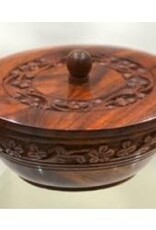 Soothing Bowl - Mini: Floral Carved Wooden Bowl w/Lid 5"D 2"H