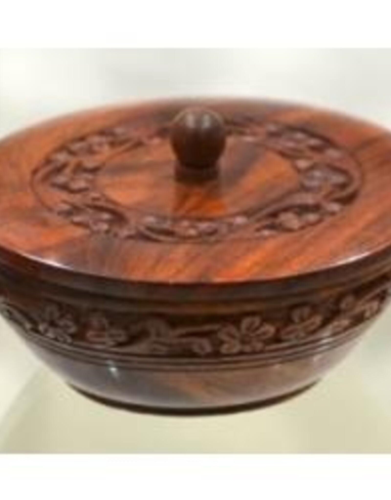 Soothing Bowl - Mini: Floral Carved Wooden Bowl w/Lid 5"D 2"H