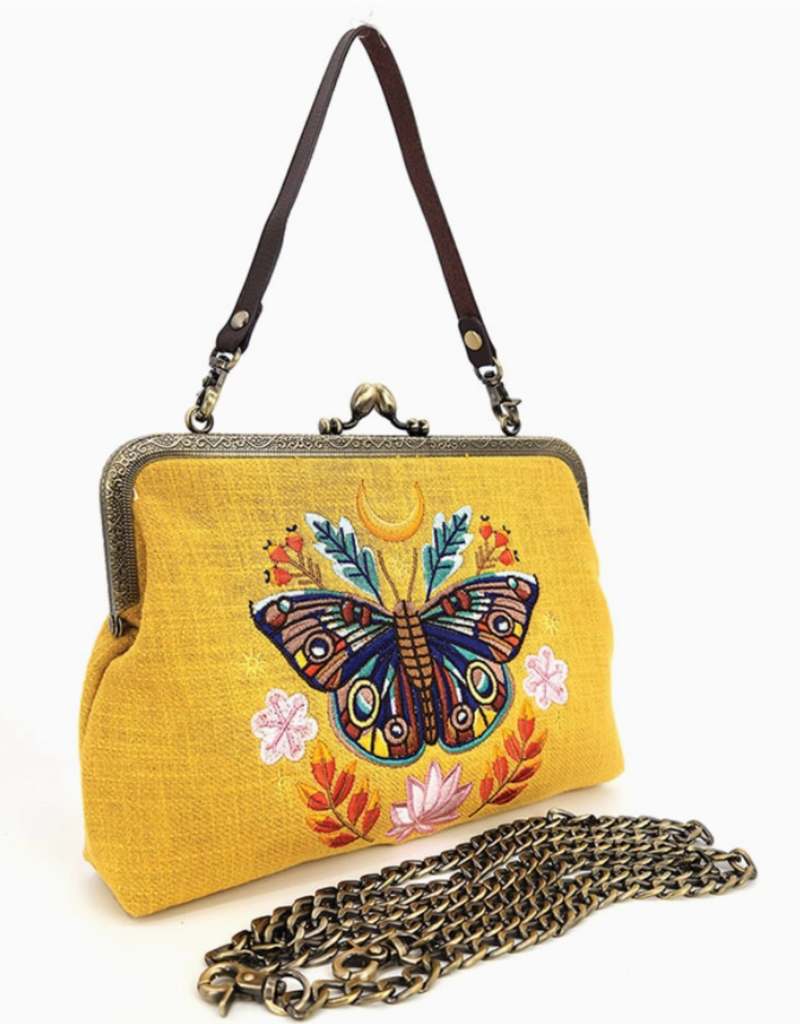 Moon Moth Vintage Kiss Lock Bag in Linen Blended Material |