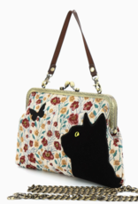 Floral Black Cat Kiss Lock Bag in Cotton Fabric