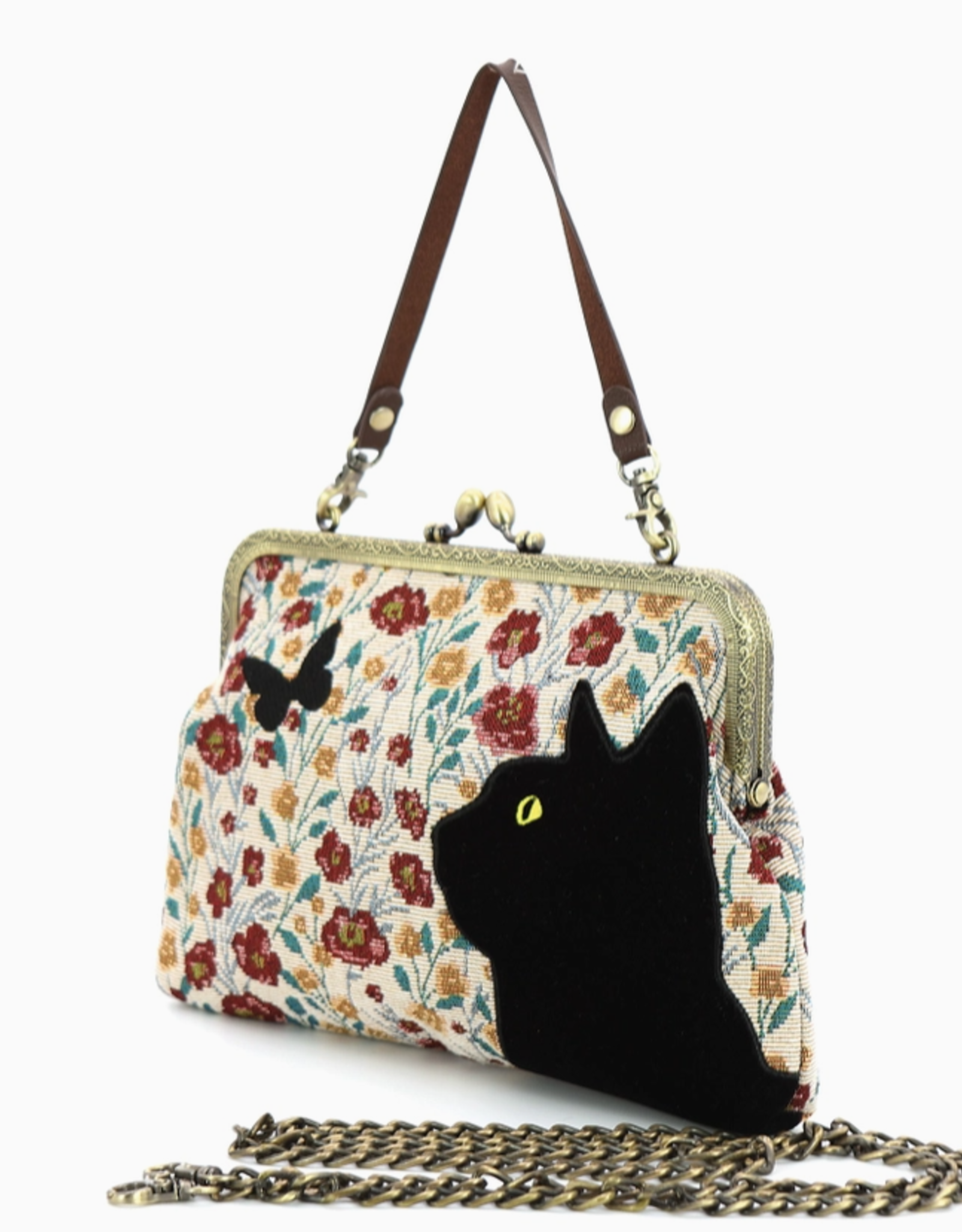 Floral Black Cat Kiss Lock Bag in Cotton Fabric