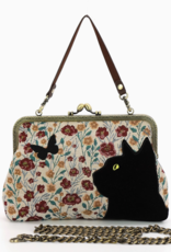 Floral Black Cat Kiss Lock Bag in Cotton Fabric