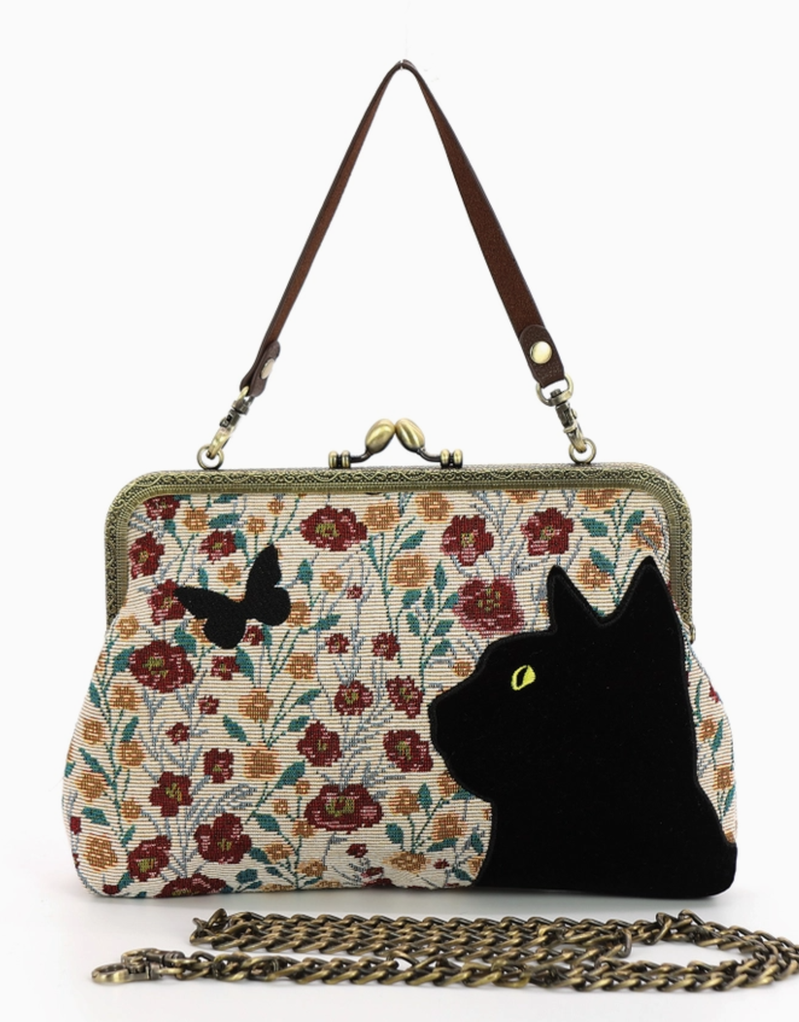 Floral Black Cat Kisslock Bag in Cotton Fabric
