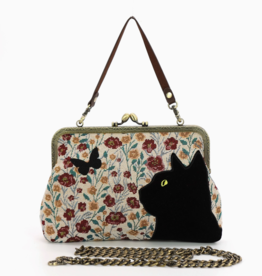 Floral Black Cat Kiss Lock Bag in Cotton Fabric