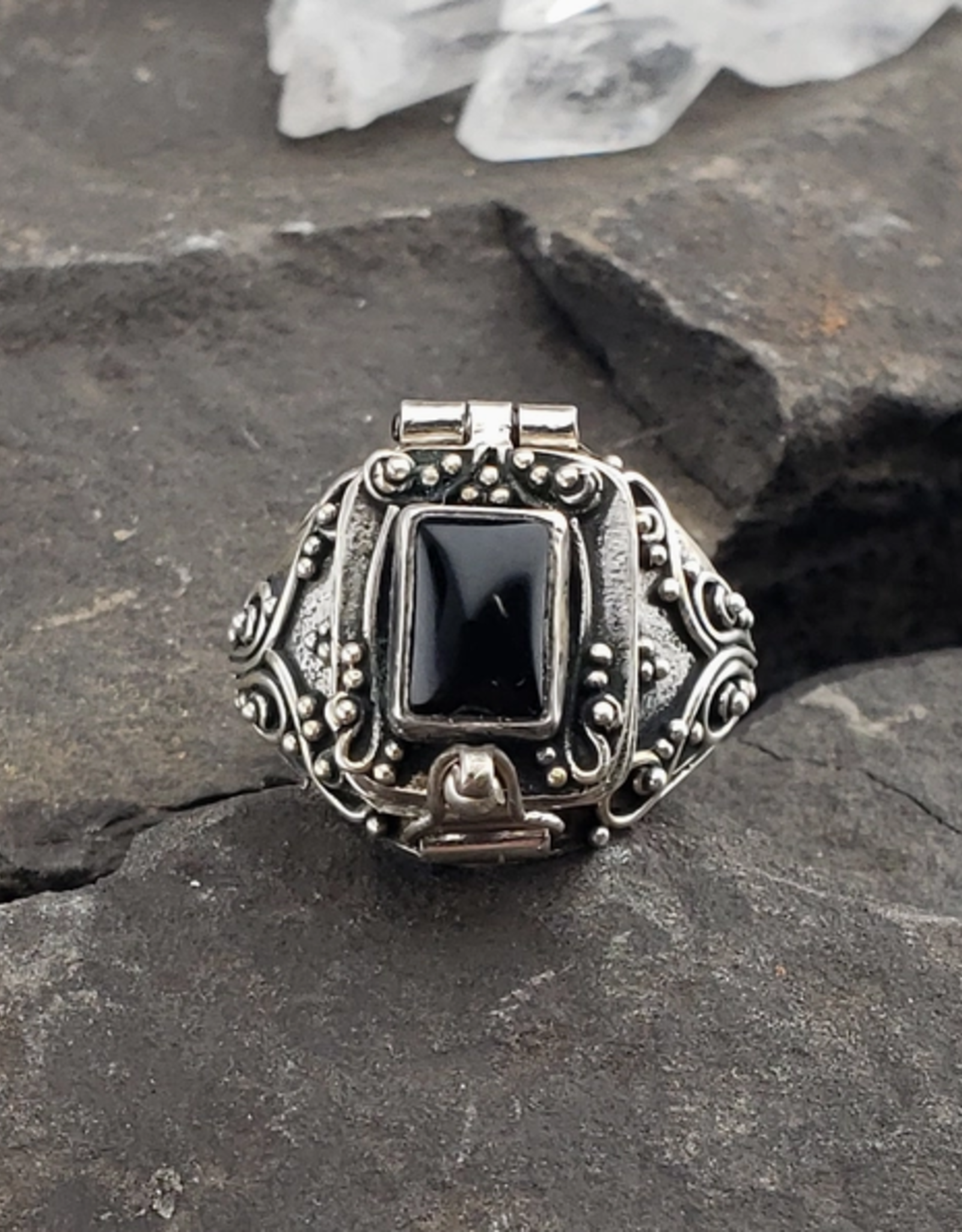 Gothic Black Onyx and Sterling Silver Poison Box Locket Ring |