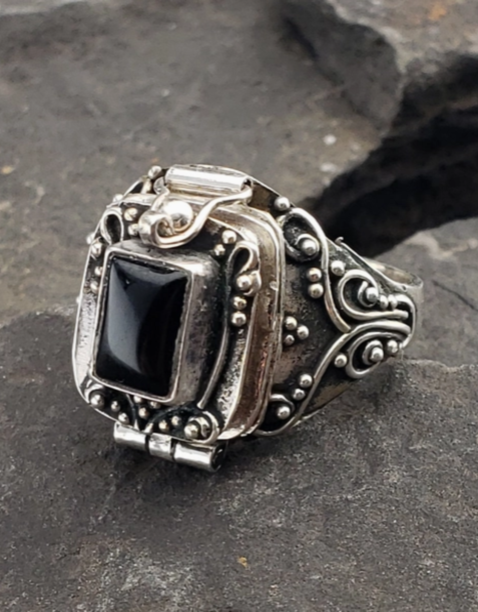 Gothic Black Onyx and Sterling Silver Poison Box Locket Ring |