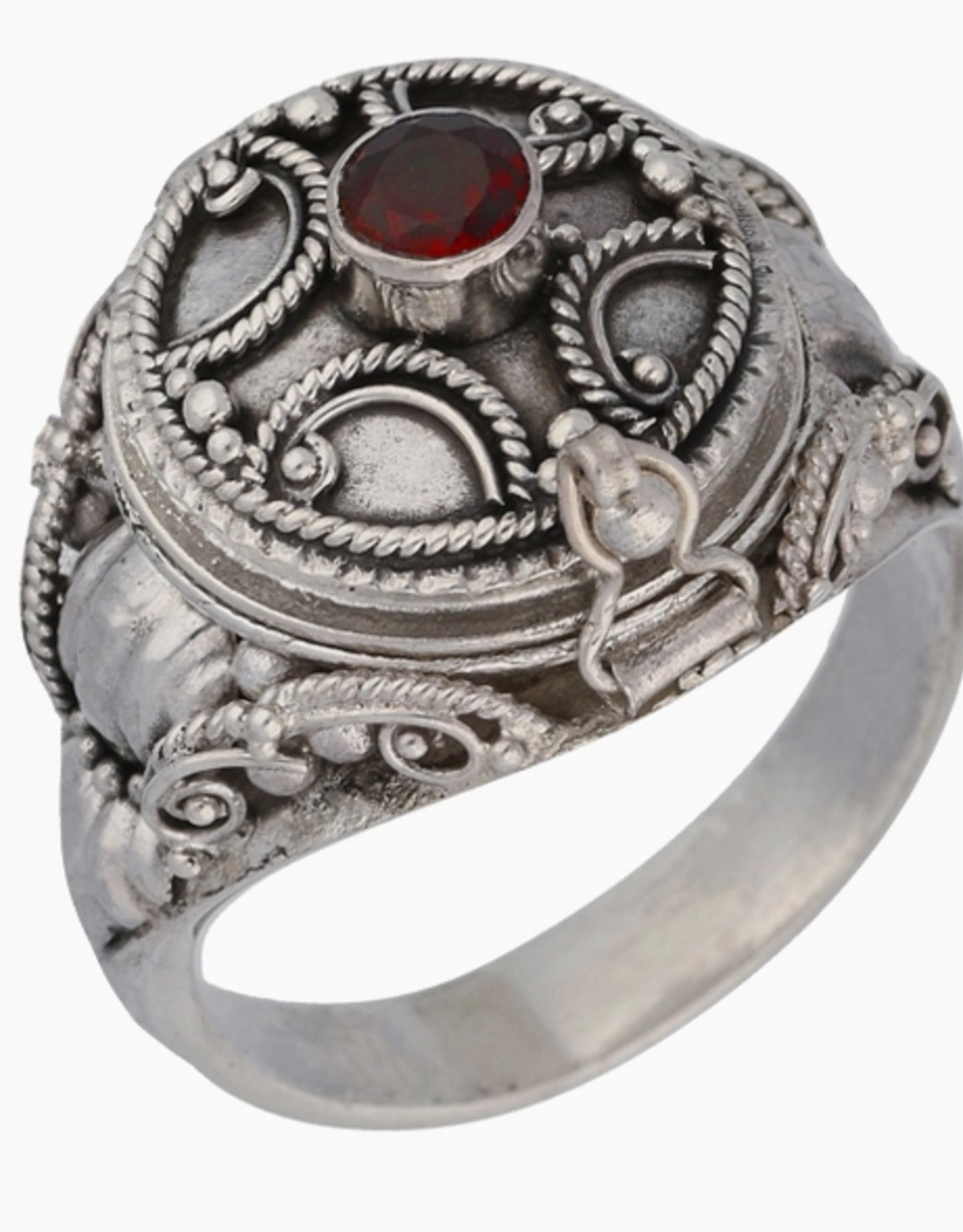 Medieval Ringed Cross Poison Locket Sterling Silver and Garnet Ring |